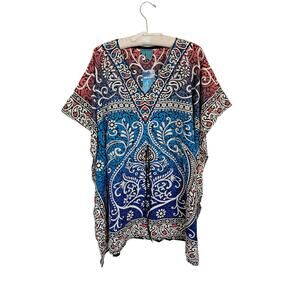AQUA BLUE Boho Festival Swimwear Cover Up Sz 1X Red Blue Print Scarf Poncho Top
